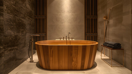 Luxury Bathroom Interior with Wooden Bathtub