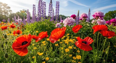 A vibrant flower garden with red poppies, purple lavender, and pink peonies in full bloom under a clear blue sky with scattered clouds.