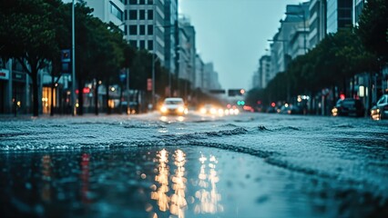 Urban street scene during heavy rain, showcasing flooded road with reflections of city lights, creating a dramatic atmosphere of a stormy evening. Emergency Action Plan