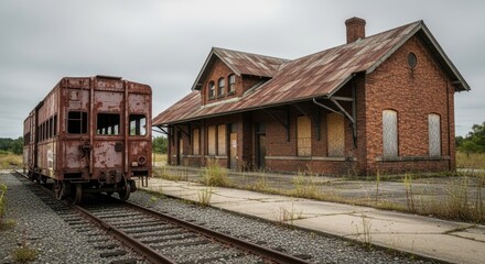 Obraz premium An old, abandoned train station with a rusted train car and a brick building.