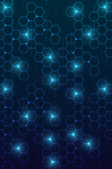 Vertical dark blue technology background with digital numbers and full hexagon grid