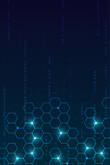 Vertical dark blue technology background with digital numbers and glowing hexagon pattern