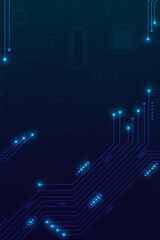Vertical dark blue technology background with glowing circuit lines and connection dots