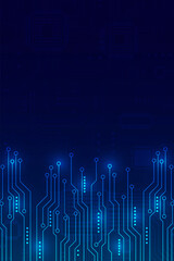Vertical dark blue technology background with glowing circuit lines rising from bottom