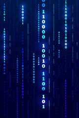 Vertical dark blue technology background with falling glowing digital number rain pattern