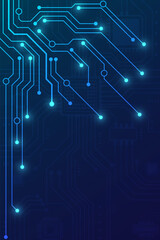 Abstract vertical blue technology background with glowing circuit lines and digital dots