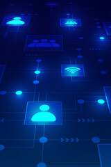 Vertical dark blue technology background with glowing user icons and network lines