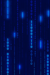 Vertical dark blue technology background with falling glowing digital number rain pattern