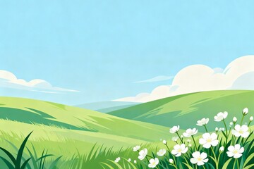 Obraz premium Landscape with Green Hills and White Flowers