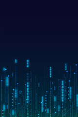 Vertical dark blue technology background with falling glowing digital number rain pattern