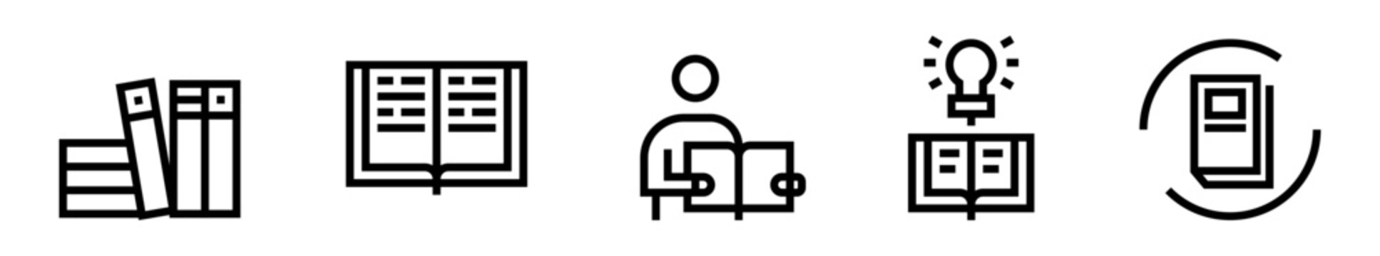Conjunto de iconos de biblioteca. Lectura, conocimiento, aprendizaje y educaci&oacute;n continua. Ilustraci&oacute;n vectorial lineal