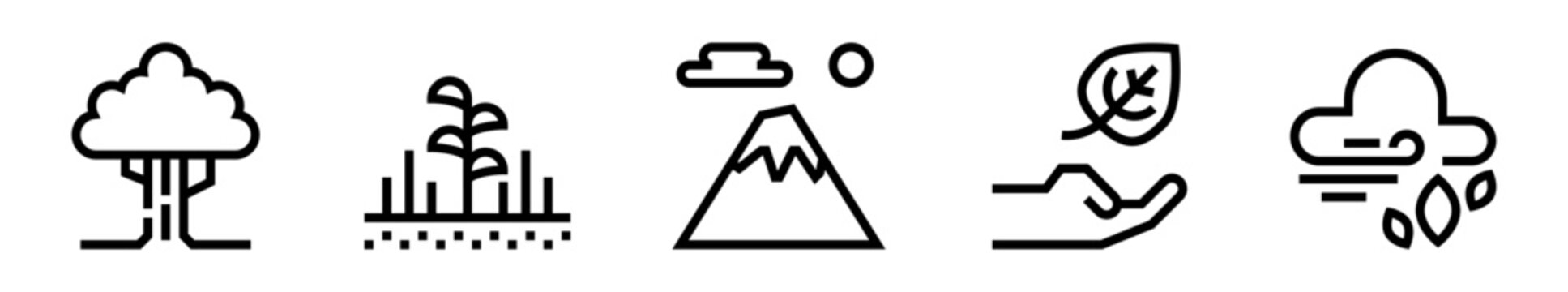 Conjunto de iconos de naturaleza. Medio ambiente, paisaje natural, ecolog&iacute;a y sostenibilidad. Ilustraci&oacute;n vectorial lineal