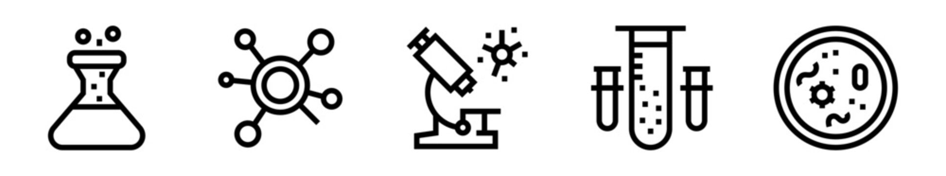 Conjunto de iconos de bioqu&iacute;mica. Investigaci&oacute;n cient&iacute;fica, an&aacute;lisis molecular, laboratorio y estudio celular. Ilustraci&oacute;n vectorial lineal