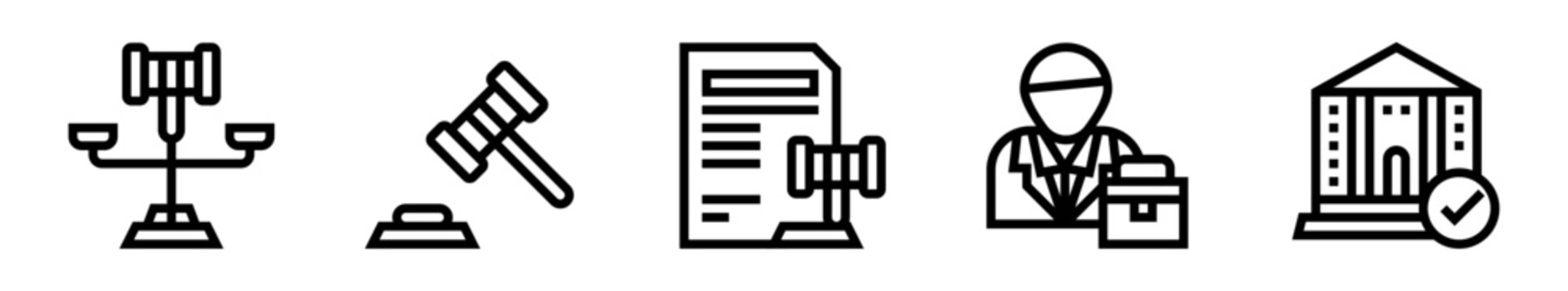 Conjunto de iconos de ley. Justicia, normativa legal, abogados y procesos jur&iacute;dicos profesionales. Ilustraci&oacute;n vectorial lineal