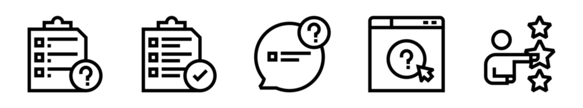 Conjunto de iconos de encuesta. Opini&oacute;n del usuario, formularios, respuestas y an&aacute;lisis de resultados. Ilustraci&oacute;n vectorial lineal