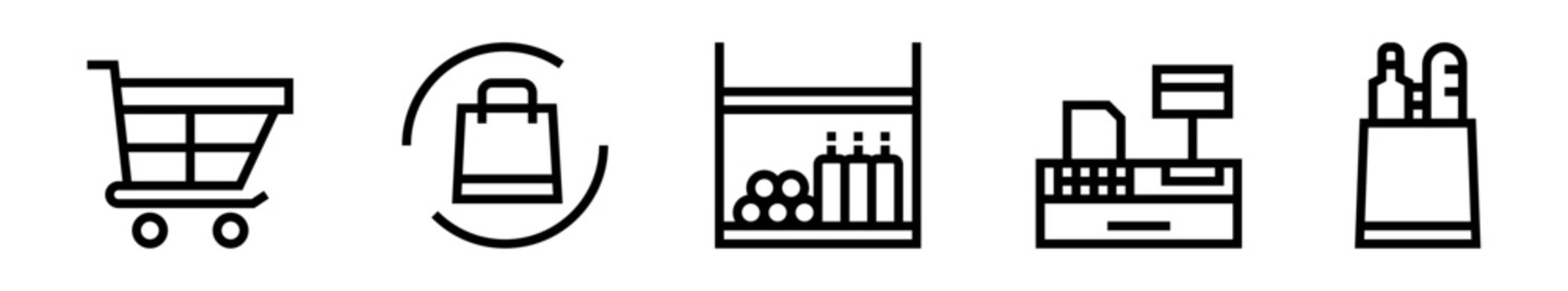 Conjunto de iconos de supermercado. Compras cotidianas, productos, consumo y experiencia comercial. Ilustraci&oacute;n vectorial lineal