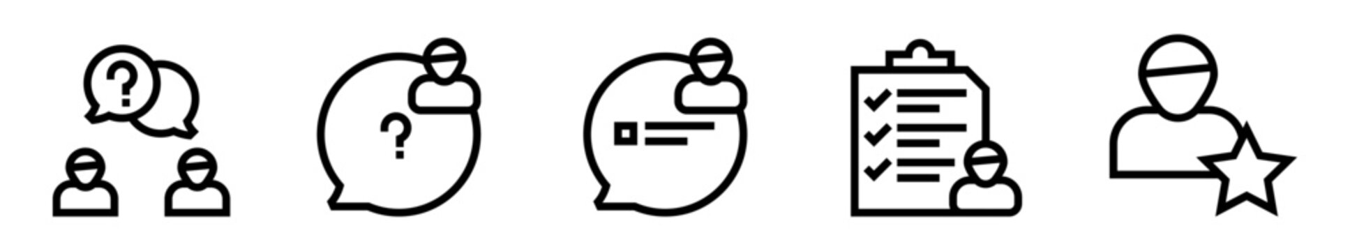 Conjunto de iconos de entrevista. Proceso de selecci&oacute;n, evaluaci&oacute;n de candidatos, preguntas y validaci&oacute;n profesional. Ilustraci&oacute;n vectorial lineal