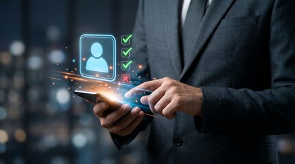 Business professional using AI chatbot on smartphone for customer service and digital innovation in modern office