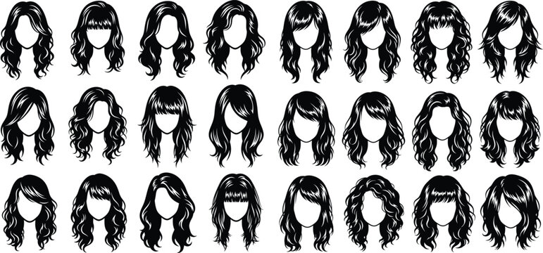 Extensive collection of womens hair silhouettes showing various styles from long and wavy to short and curly