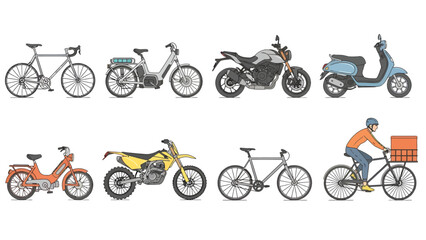Naklejka premium Comprehensive Vector Illustration Set of Two-Wheeled Transport Vehicles with Bicycles, Motorcycles, Scooters, Mopeds, and Delivery Bikes on White Background