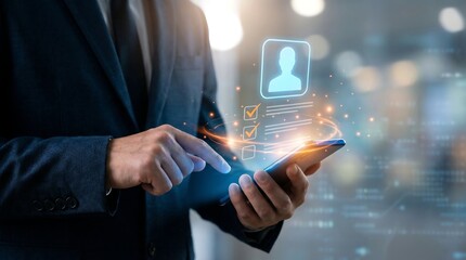 Business professional using smartphone with digital user interface icons for technology and innovation in urban environment