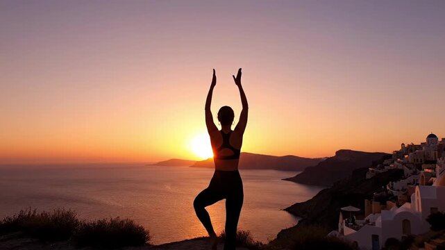 Woman practicing yoga at sunset on a cliffside overlooking the sea