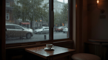 Cozy Cafe Interior with Rainy Window View