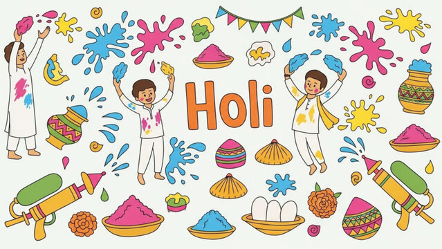 Holi festival celebration with colorful powder splashes people playing with water guns and traditional elements vector illustration for festive design