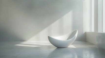 White modern designer chair in minimalist room with sunlight and geometric shadows