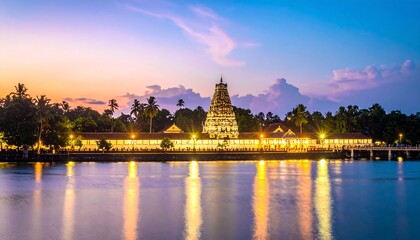 Obraz premium Stunning Illuminated Temple Reflecting in Tranquil Waters at Sunset, Captivating Architectural Beauty.