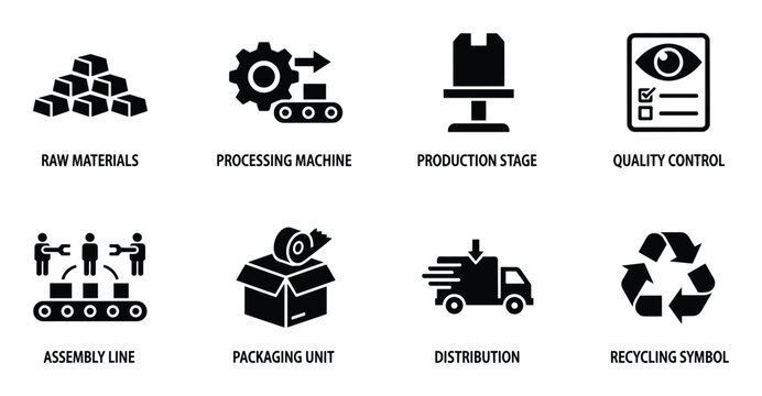 Manufacturing process line icon set material handling and production phases vector illustration