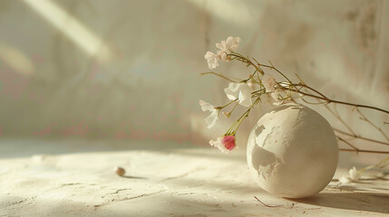Soft beige ceramic sphere with blooming flowers in warm sunlight on fabric surface
