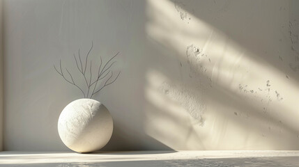Minimalist white spherical vase with dry branches against textured wall and dramatic shadows