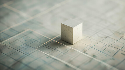 Minimal concrete cube placed on abstract architectural grid map with soft focus lighting