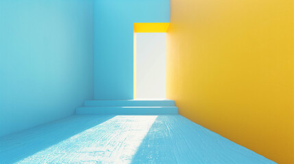 Bright yellow and cyan architectural corridor with open door and sunlight streaming in