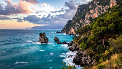 Obraz premium Stunning coastal landscape featuring turquoise waters, rocky cliffs, and vibrant greenery under a dramatic sky.