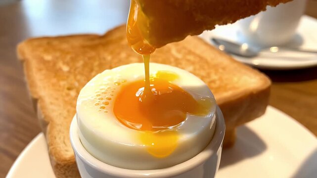A golden piece of toast is dipped into a soft-boiled egg, revealing a perfectly runny, bright orange yolk in a white egg cup.