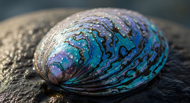 Macro view of colorful iridescent abalone shell covered in water droplets resting on dark wet stone with soft morning sunlight reflecting on mother of pearl texture