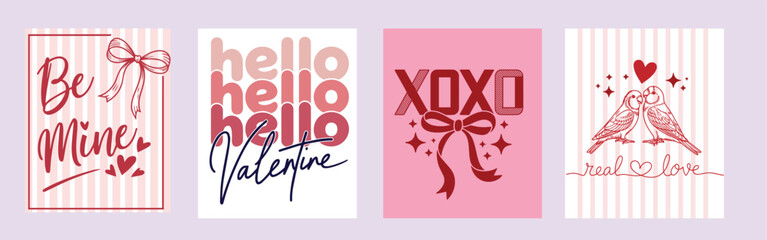 Four delightful Valentines Day card designs featuring romantic text, loving birds, bows, and hearts