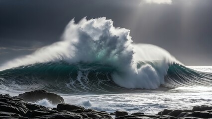 A massive ocean wave crashes against the rocky shoreline with dramatic sun rays