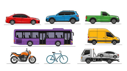 Naklejka premium Vector illustration set of various transportation vehicles including a red car, blue suv, green truck, purple bus, yellow van, motorcycle, bike, and tow truck.