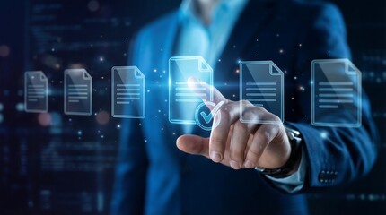 Business professional holding digital cloud computing icons with futuristic data servers and global network technology concept