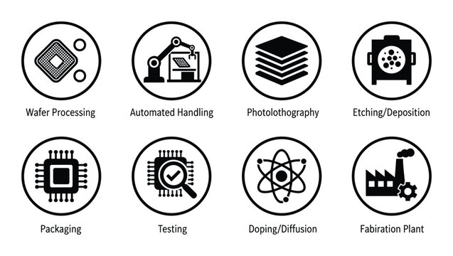 Microchip fabrication process vector illustration of integrated circuit from wafer processing to plant