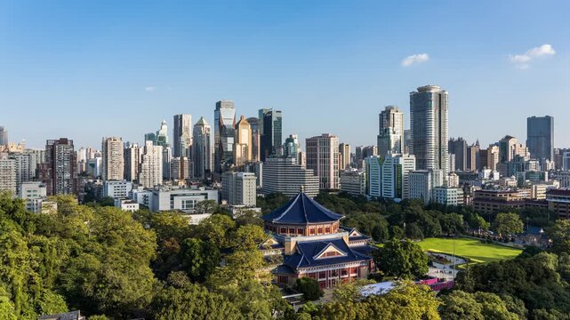 Time-lapse photography of Sun Yat-sen Memorial Hall and Yuexiu CBD architecture in Guangzhou, Guangdong, China