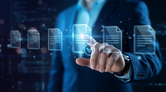 Business professional holding digital cloud computing icons with futuristic data servers and global network technology concept - Powered by Adobe