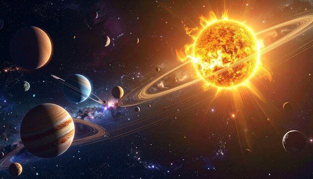 Stunning cosmic view of the solar system with planets, sun, and rings in space.