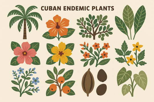 Cuban Endemic Plants and Island Nature Icon Set Vector Illustration