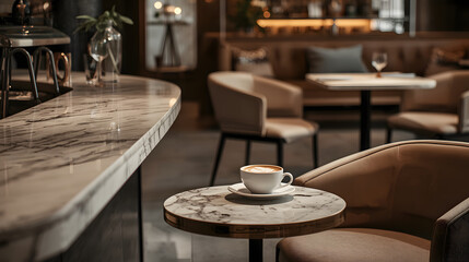 Cozy Coffee Shop Interior with Marble Table and Espresso Cup