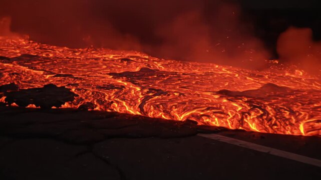 Intense molten lava flowing across and destroying a paved asphalt road during a volcanic eruption at night