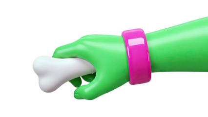 Green cartoon hand holding a bone with a pink bracelet